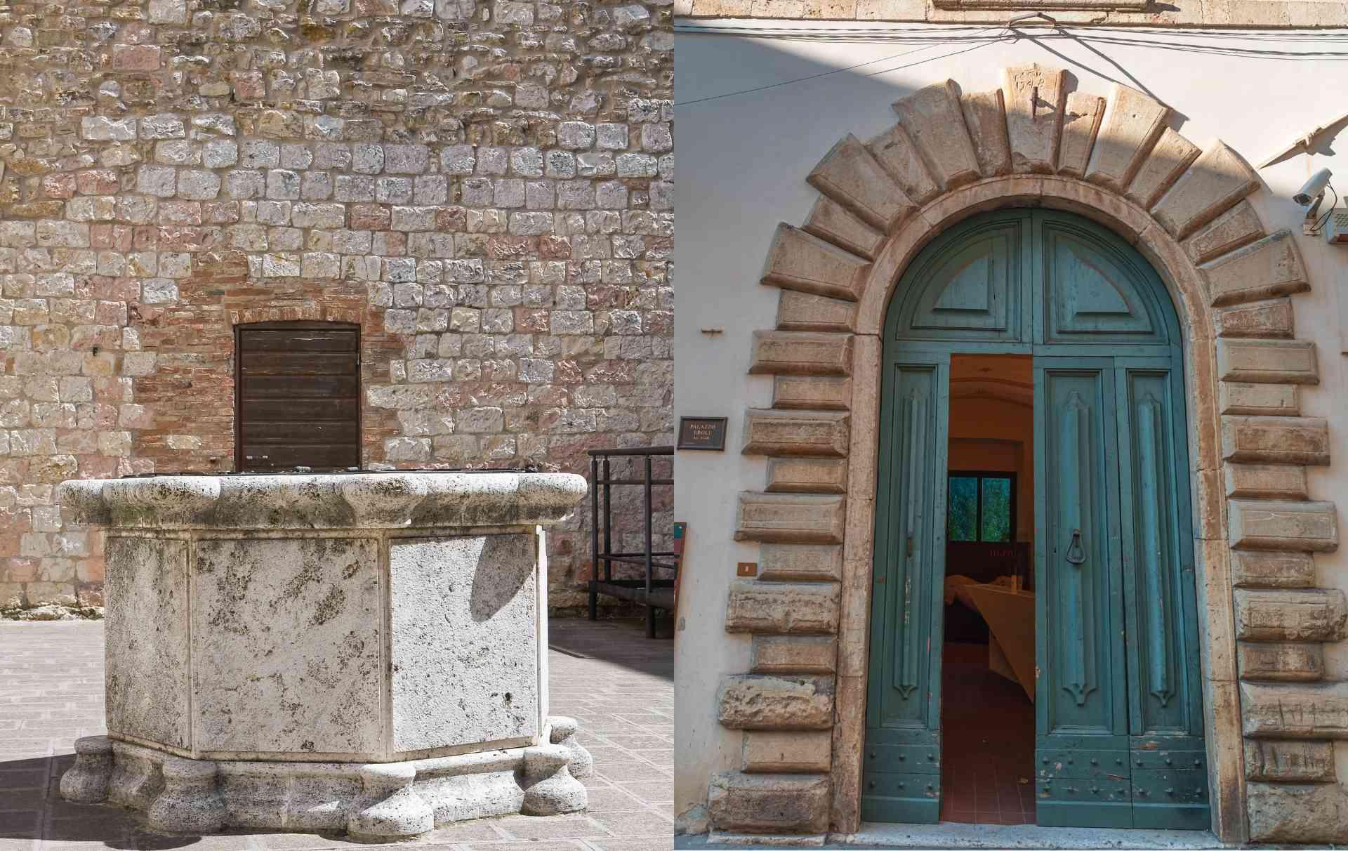 Immagine del pozzo nella corte della Rocca Albornoz e la porta d'ingresso a Palazzo Eroli Narnia Pass