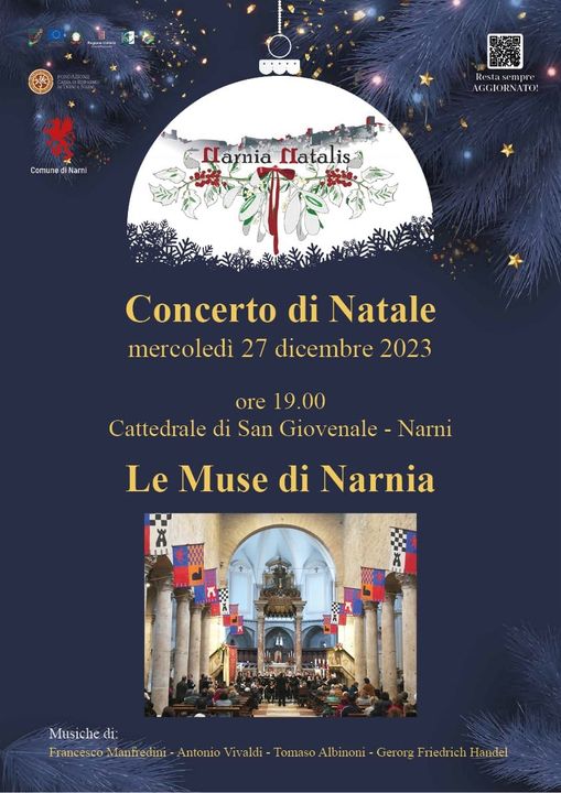 Potrebbe essere un'immagine raffigurante 1 persona e il seguente testo "5 M empre AGGIORNATO: Comune omunediNarni Nari Clamia flatalis Concerto di Natale mercoledì 27 dicembre 2023 ore 19.00 Cattedrale di San Giovenale- Narni Le Muse di Narnia Musiche di: Û"