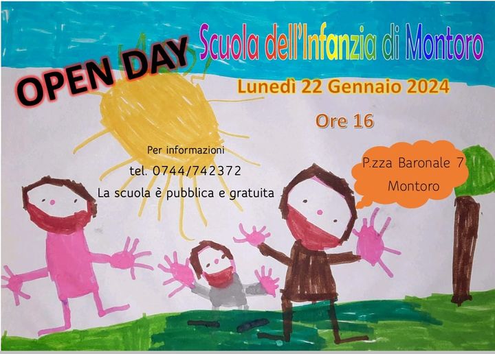 Potrebbe essere un disegno raffigurante il seguente testo "OPEN DAY Scuola dell'Infanzia di Montoro Lunedì 22 Gennaio 2024 Ore 16 Per informazioni tel. 0744/742372 La scuola è pubblica e gratuita P.zza Baronale Montoro"