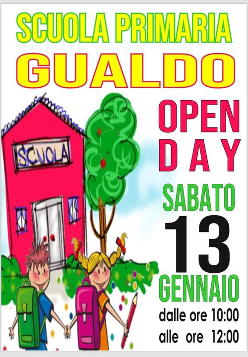 Potrebbe essere un disegno raffigurante il seguente testo "SCUOLA SCUOLA PRIMARIA GUALDO OPEN DAY SABATO 13 GENNAIO dalle ore dal10:00 10:00 alle ore 12:00"