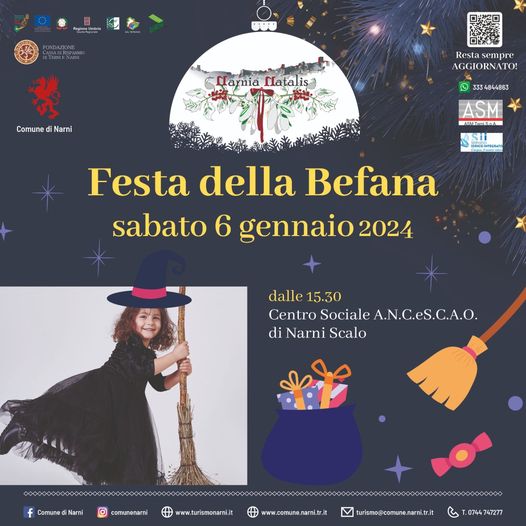 Potrebbe essere un'immagine raffigurante 1 persona e il seguente testo "Comune Narni Camia Matalis Resta sempre AGGIORNATO! © 3334844863 ASM AMTemiS Festa della Befana sabato 6 gennaio 2024 dalle 15.30 Centro Sociale A.N.C.eS.C.A.O. di Narni Scalo Comune Narni comunenarni www.turismonarni.it www.comune.narni.tr.it w.comune. turismo@comune.narni.tr.it T.0744 747277"