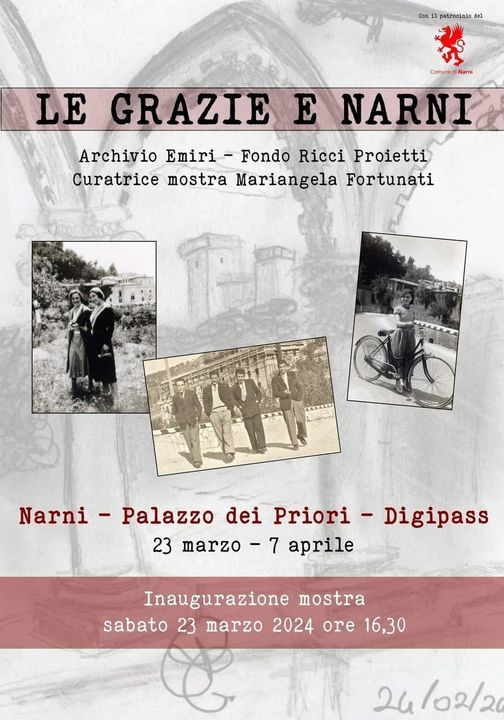 Potrebbe essere un'immagine raffigurante 2 persone e il seguente testo "Com1 patrocialo Comured Narni LE GRAZIE E NARNI Archivio Emiri Fondo Ricci Proietti Curatrice mostra Mariangela Fortunati Narni Palazzo dei Priori- Digipass 23 marzo aprile Inaugurazione mostra sabato 23 marzo 2024 ore 16,30 /02/2"