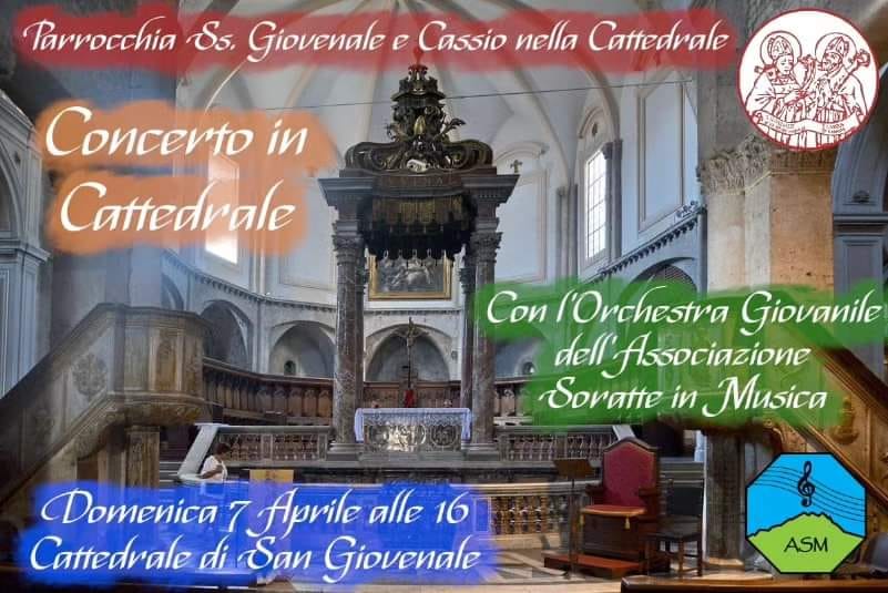 Potrebbe essere un'immagine raffigurante il seguente testo "Parvocchia Ss. Giovenale e Cassio nella Cattedrale Concerto in Cattedrale Con l'Orchestra Giovanile dell Associazione Soratte in Musica Cattedrale Domenica 7 Aprile alle 16 di San Giovenale ASM"