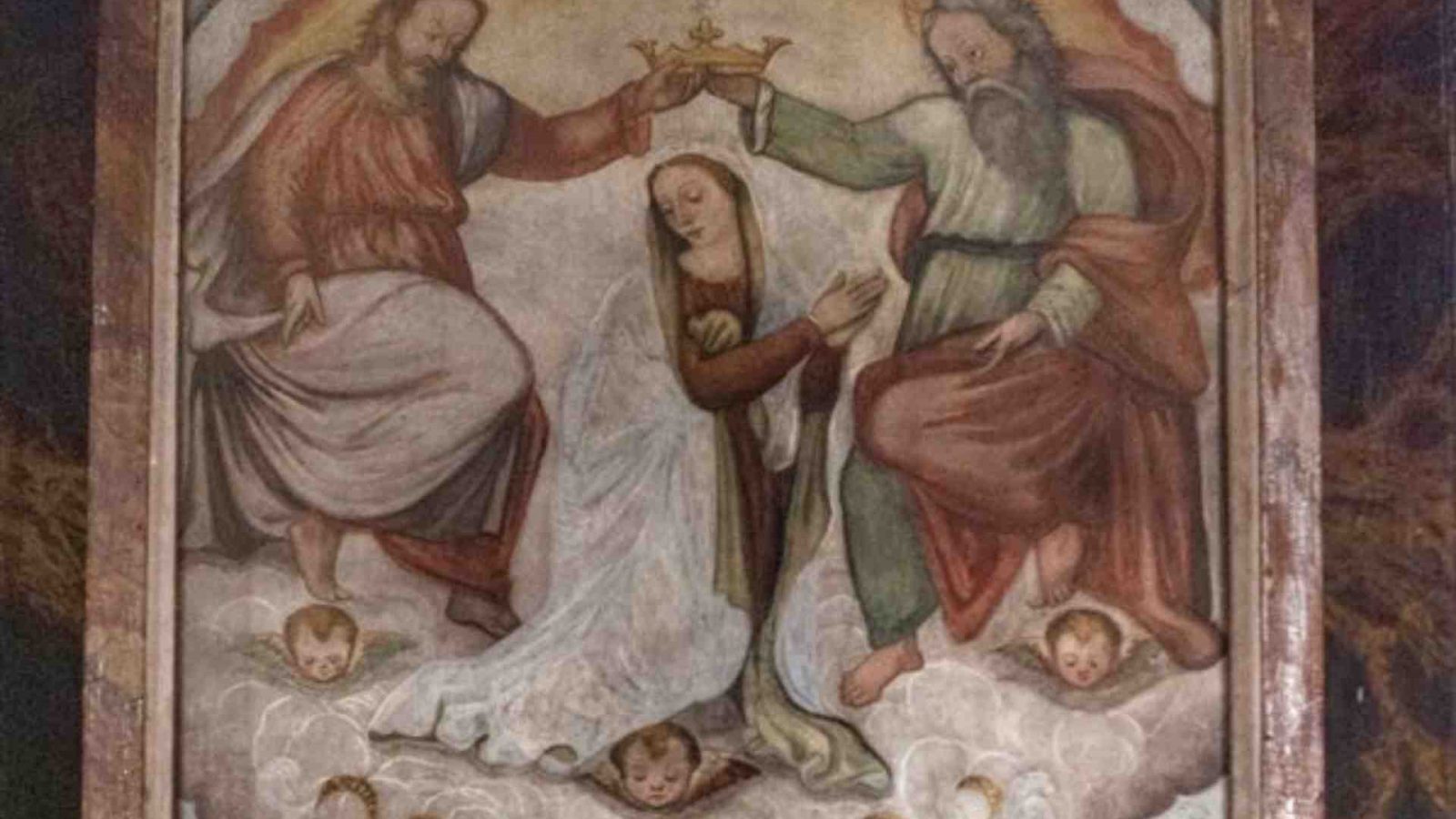 Trinità che incorona la vergine, tela sull'altare maggiore della Chiesa di Santa Marina a Stifone